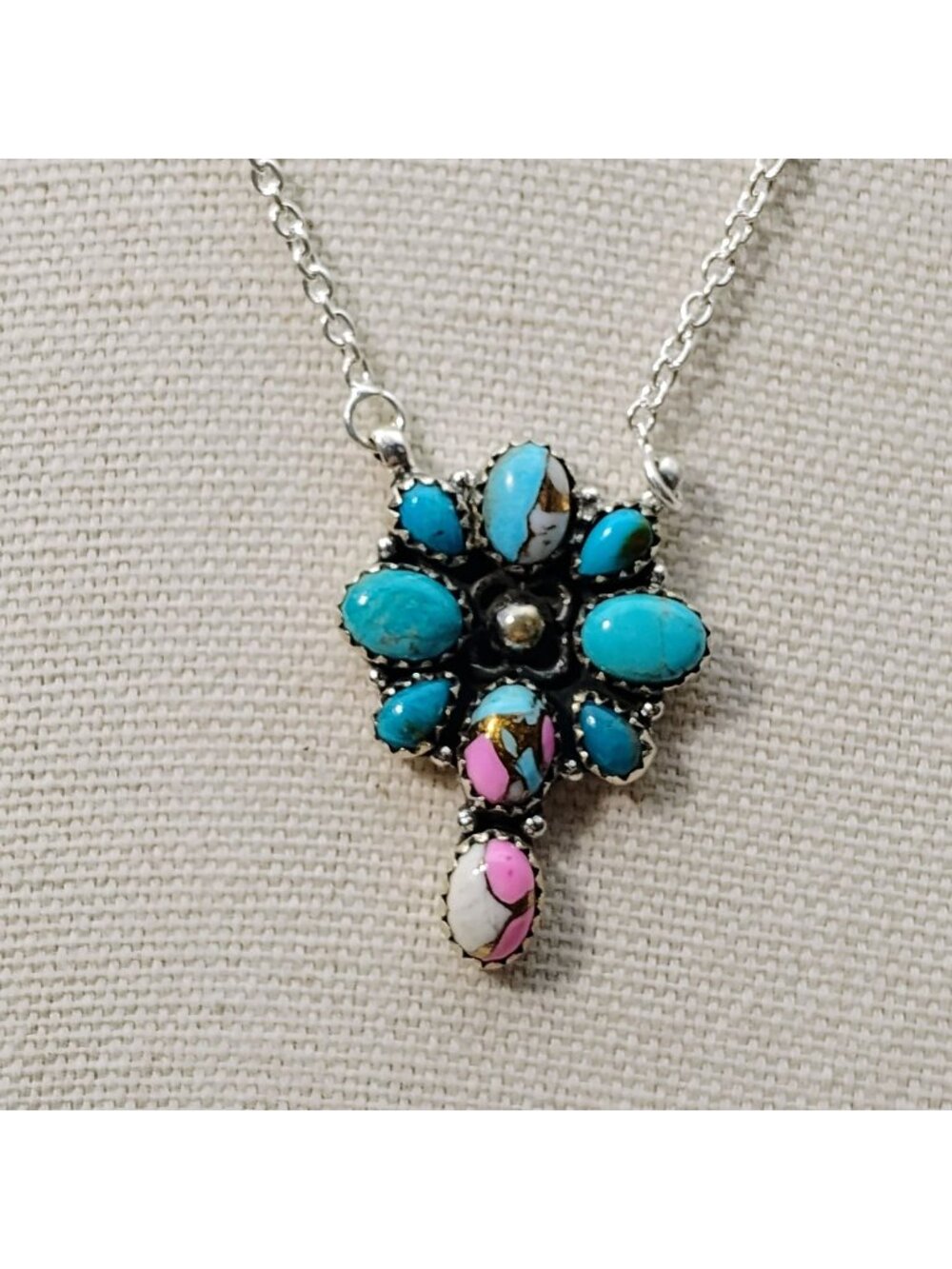 Southwest Sterling Silver Cotton Candy Turquoise Cluster Flower Pendant Necklace